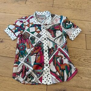 Double D Ranch Play Nice Be Free Horse Print Western Shirt Multicolor XS (425)